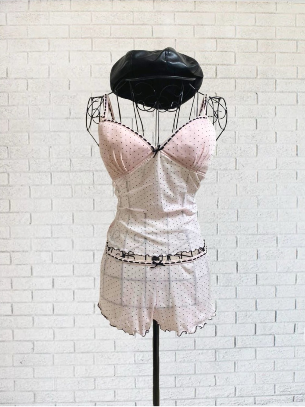 Set Vintage Lingerie Sleep Pajama Pink Black Ribbon Bow Medium Shorts Sexy Sheer